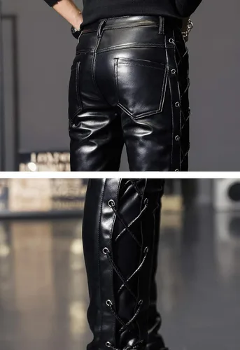 Vista 6 de Idopy Pantalones de piel sintética con cordones para hombre Rock Steampunk