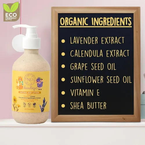 Vista 3 de Loción vegana orgánica para bebés, caléndula y lavanda para una hidratación suave durante el sueño, recién nacidos y todo tipo de piel, botella