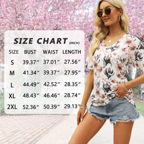 Vista 5 de ELIY BASIC Camisetas plisadas de manga corta con cuello en V para mujer, ajuste holgado, túnica básica con fruncido lateral