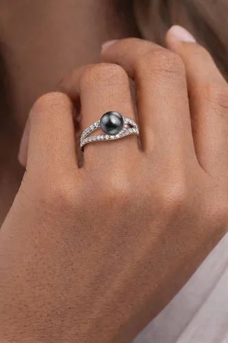 Vista 2 de The Pearl Source 9-10mm 14K Gold Plated Sterling Silver Cultured Pearl Tessa Ring for Women Tahití negro