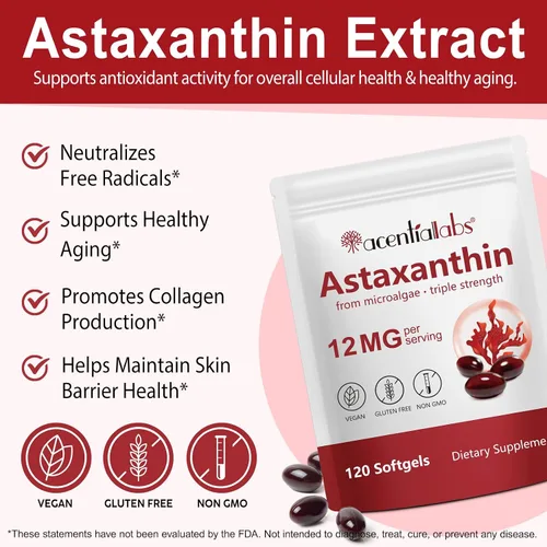 Vista 2 de Astaxantina 12 mg, 120 cápsulas blandas – Antioxidante natural de microalgas para una piel sana, visión, articulación y apoyo cardíaco – Sin OMG
