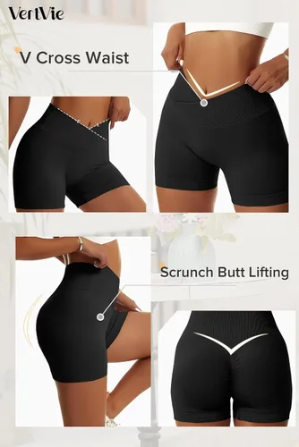 Vista 3 de Vertvie Pantalones cortos de gimnasio para mujer, pantalones cortos de entrenamiento con levantamiento de glúteos, cintura alta, sin costuras