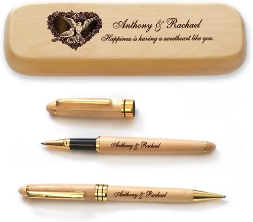 Vista 4 de Estuche de madera de arce personalizado y dos bolígrafos para el día de San Valentín