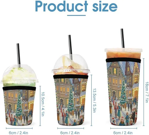 Vista 2 de Christmas-themed Town Reusable Insulated Neoprene Iced Coffee Cup Sleeves 3 Sizes Diving Material Cup Durable Beverage Covers for Cold Coffee Tea