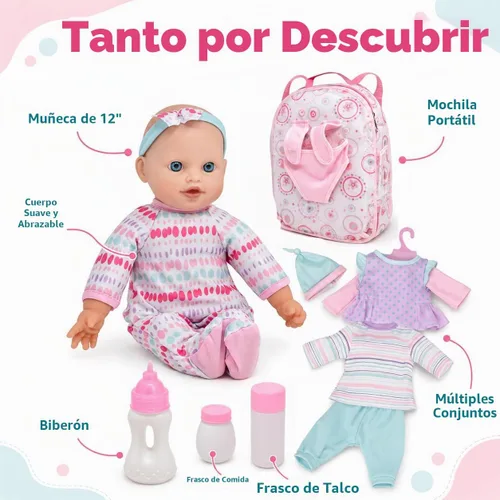 Vista 6 de Muñeca de bebé de cuerpo suave con ropa en mochila para llevar, muñeca de bebé infantil de 12 pulgadas con accesorios para niños pequeños y niños