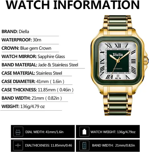 Vista 5 de Diella Reloj de pulsera rectangular para hombre, relojes automáticos de cuerda automática para hombre con jade y reloj de acero inoxidable, reloj