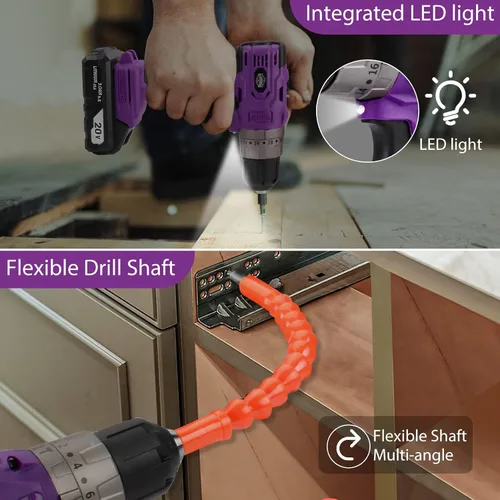 Vista 6 de Juego de taladro inalámbrico sin escobillas morado, kit de controlador de potencia compacto de 20 V con motor eléctrico, ajuste de par de 20+3, 48