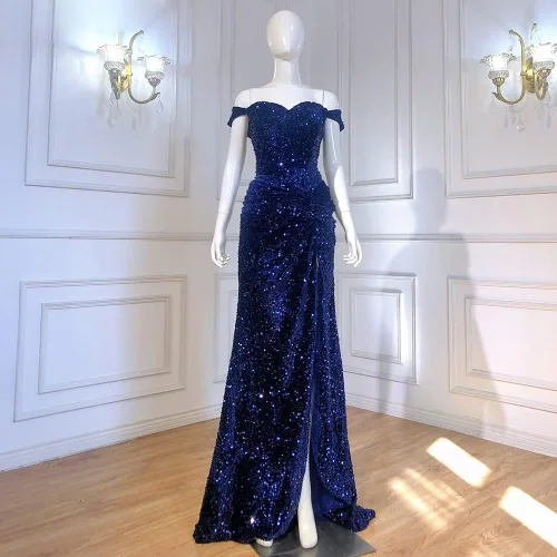 Vista 3 de Vestidos de fiesta de sirena con hombros descubiertos para mujer, vestidos de noche formales con lentejuelas largas con abertura