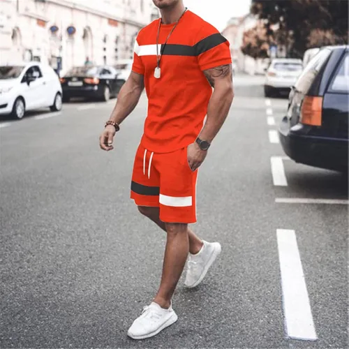 Vista 2 de Conjunto corto para hombre, 2 piezas, casual, de verano, manga corta, gimnasio, entrenamiento, atlético, conjunto deportivo