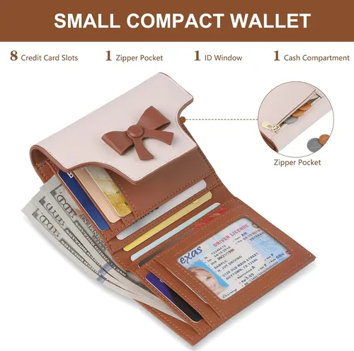 Vista 2 de yiijay Cartera pequeña para mujer, lindo lazo con bloqueo RFID, plegable, de cuero, tarjetero, compacto, con bolsillo con cremallera