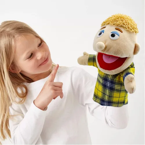 Vista 6 de Marionetas de mano familiares, Marionetas para niños para representar a los miembros de la familia 34 cm Marionetas multiétnicas de peluche suaves