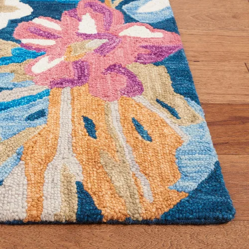 Vista 5 de SAFAVIEH Jardin Collection Alfombra de pasillo, 2 pies 3 pulgadas x 8 pies, azul y rosa, lana floral hecha a mano, ideal para zonas de alto tráfico