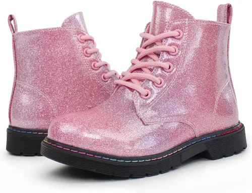 Vista 2 de Hawkwell Botas de trabajo de combate de patente para niñas y niños con cremallera lateral (niños pequeñosniños grandesjóvenes), 0 Toddler