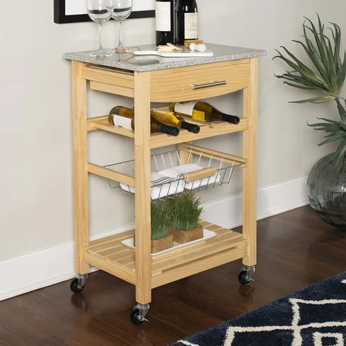 Vista 9 de Linon Isla de cocina con tapa de granito natural Mila con cesta de almacenamiento y ruedas