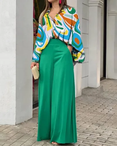 Vista 2 de LROSEY Conjunto de 2 piezas para mujer de gran tamaño, camisa con botones y pantalones palazzo