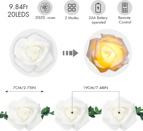 Vista 2 de VIPMOON Guirnalda de luces artificiales de 20 LED de 10 pies, funciona con pilas, con control remoto, tira de luces blancas cálidas impermeables
