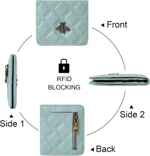 Vista 5 de Billetera para mujer, con bloqueo RFID, pequeña, compacta, plegable, de piel auténtica, con bolsillo, mini carteras para mujeres