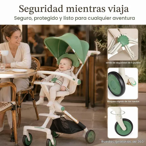 Vista 2 de Evolur Velo Rider Higher View - Cochecito de viaje para avión, color blanco Blanco Verde