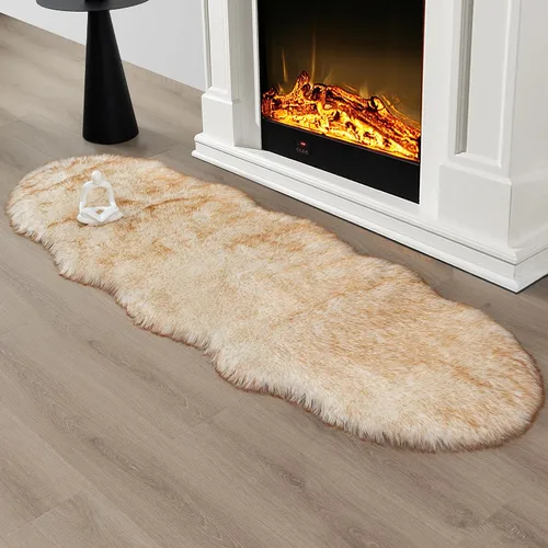 Vista 46 de Alfombra de piel sintética de 2 x 6 pies, color beige, lavable a máquina, súper suave, esponjosa, alfombra de piel de oveja mullida para dormitorio