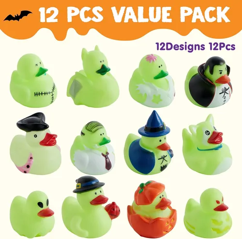 Vista 2 de JOYIN 12 piezas de juguetes de baño de patos brillantes de Halloween, patos de goma para premios escolares, patos que brillan en la oscuridad