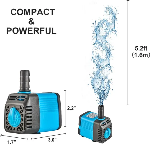 Vista 3 de Bomba sumergible ultra silenciosa de 7 W con temporizador, para pecera, estanque, acuario, estatua, hidroponía, etc. (azul)