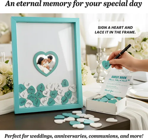 Vista 5 de Libro de invitados de boda azul alternativo para recepción con corazones de madera, un marco, decoración de libros, recuerdos para boda, ideas