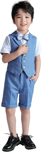 Vista 7 de LOLANTA Chaleco de esmoquin para niños, traje de portador de anillo de boda, 4 piezas, ropa, chaleco, camisa, pantalones cortos, pajarita