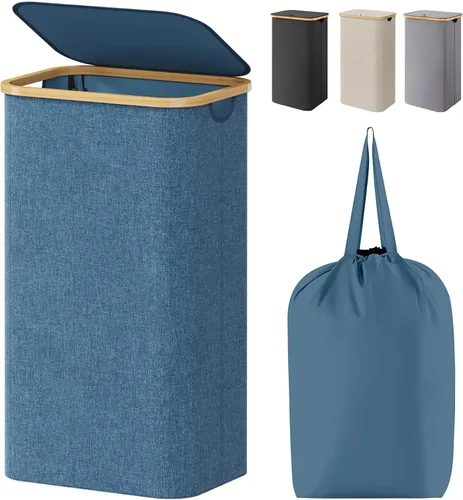 Vista 37 de Lifewit Cesta de lavandería de 80 litros con tapa, cestas de ropa para lavandería con asas de bambú y una bolsa de lavandería extraíble, cesta Beige