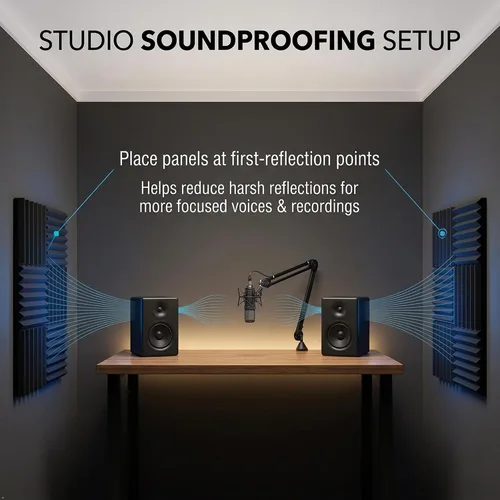 Vista 5 de Paneles de espuma acústica, paquete de 12 paneles de absorción de sonido de cuña de alta densidad de 2 pulgadas, 12 x 12 x 2 pulgadas para estudio