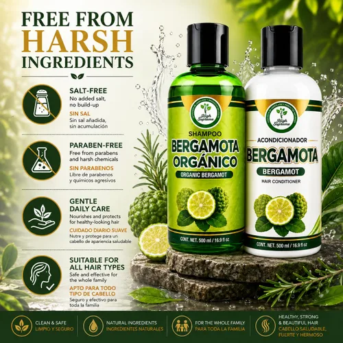 Vista 3 de Champú Orgánico Bergamota + Acondicionador (16.9 fl oz) con Aloe Vera y Romero CHAMPÚ ORGÁNICO BERGAMOTA con Sábila & Romero + Acondicionador
