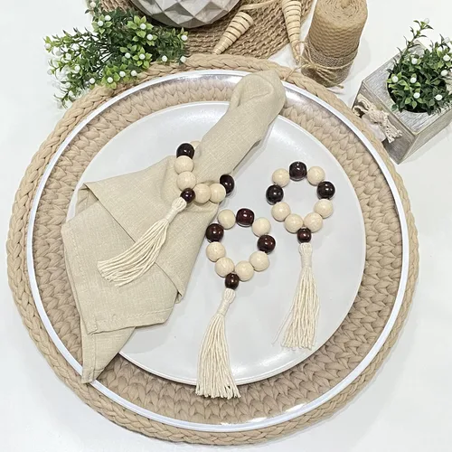 Vista 4 de Juego de 6 servilleteros con cuentas de madera Servilleteros de madera rústica para decoración de mesa Servilletero de LEBEJUA hecho a mano