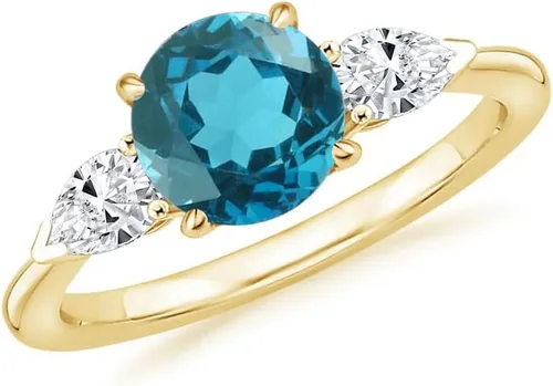 Vista 10 de Anillo de compromiso de 3 piedras con topacio azul Londres y diamante blanco de talla redonda y pera, acabado de oro de 14 quilates, anillo