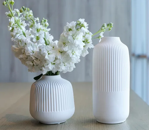 Vista 4 de Jarrones blancos mate para decoración del hogar, centros de mesa a rayas, moderno, bohemio, juego de 2 para flores, hierba de pampas, mesa, manto