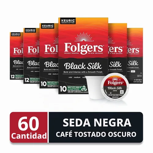 Vista 2 de Folgers Black Silk Coffee, tostado oscuro, cápsulas Keurig K-Cup, 60 unidades 6 cajas (10 unidades), café tostado oscuro, compatible con cafeteras