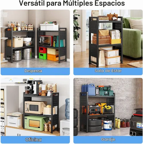 Vista 9 de Estante para horno de microondas expandible, estante de horno de microondas resistente de 3 niveles ajustable con 8 ganchos y 2 soportes, estante
