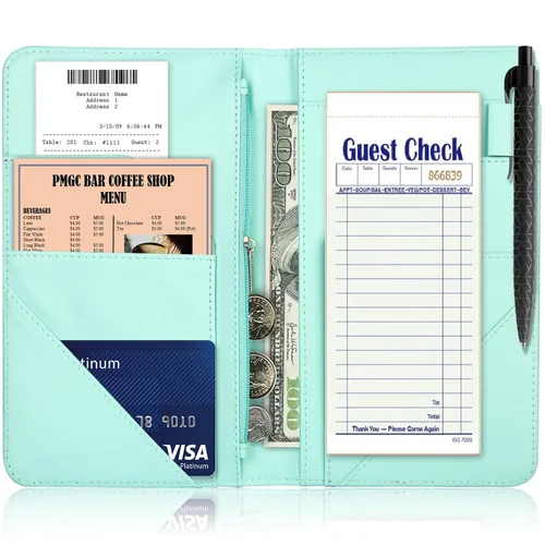 Vista 5 de Libro de Servidor, Libros de Servidor de Cuero PU para Mesera, Libro de Mesera con 1 Bolsillo con Cremallera, Billetera de Mesero con 9 Bolsillos