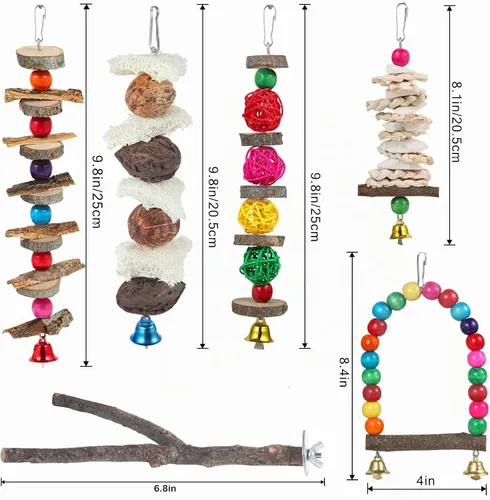 Vista 6 de Perca para pájaros, juguetes de periquitos, accesorios para jaula de pájaros, juguetes de madera para masticar, soporte para loro, conure, cacatúa