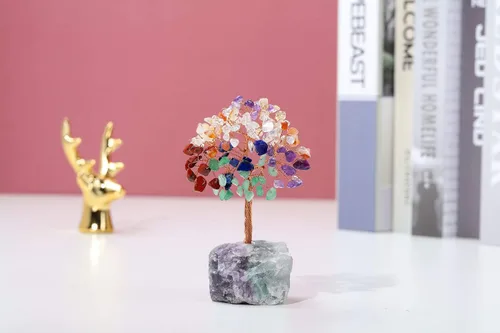 Vista 2 de MANIFO Juego de 7 chakras de cristal curativo: cristales, piedras preciosas, figuras naturales de árbol de la vida del Feng Shui