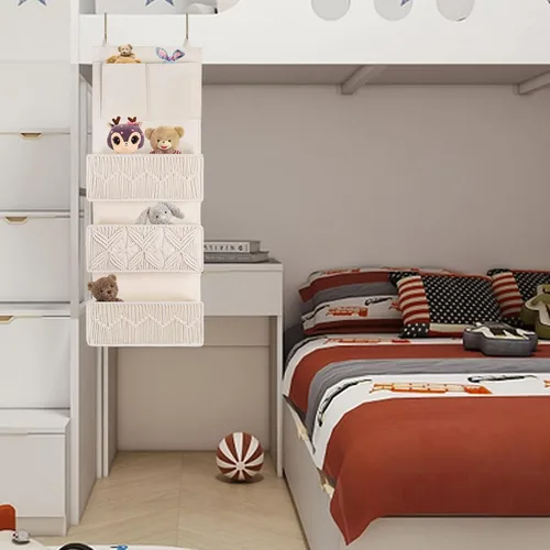 Vista 4 de FEILANDUO Organizador de armario de macramé bohemio con 3 bolsillos grandes tejidos detrás de la puerta organizador para guardería, despensa, baño