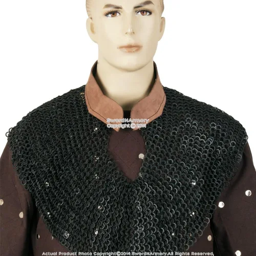 Vista 2 de Medieval Chainmail Aventail wCollar de Cuero Anillo Redondo Remachado 18G Acero