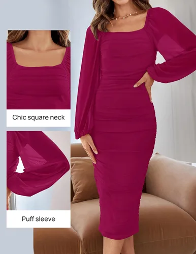 Vista 3 de ZESICA Vestido midi sexy y fruncido para mujer 2024, manga larga, cuello cuadrado, espalda descubierta, cóctel, fiesta, boda