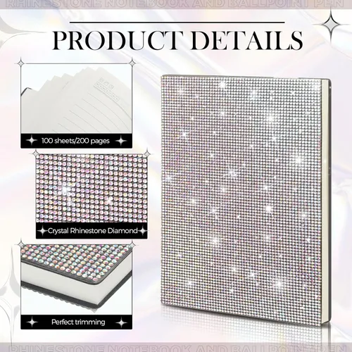 Vista 3 de Kosiz Juego de 2 bolígrafos de diamantes de imitación, bolígrafos de cristal, cuaderno plateado brillante A5, accesorios de oficina, suministros