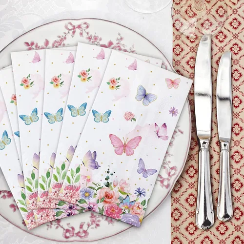 Vista 4 de 100 servilletas de mariposa rosa para fiestas, toallas de papel desechables coloridas para jardín, primavera, verano, flores y mariposas, toallas