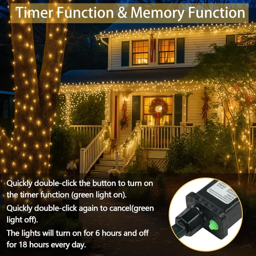 Vista 4 de Guirnalda de 100 luces LED conectables para interiores y exteriores, luces de Navidad blancas cálidas de 33 pies, impermeables, 13 modos