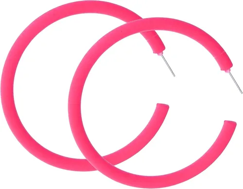 Vista 8 de Aretes de aro grandes de acrílico retro neón, estilo de los años 80 y 90, coloridos aretes de aro grandes, rosa intenso, ligeros, perfectos
