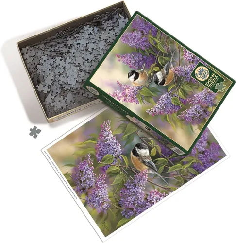 Vista 2 de Cobble Hill - Rompecabezas de 1000 piezas - Chickadees and Lilacs - Póster de muestra incluido