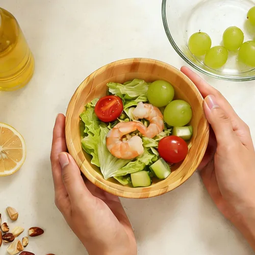 Vista 6 de Tazones de madera de bambú, cuenco redondo de 6 pulgadas para ensaladas, frutas, pasta, verduras, cuenco de sopa poco profundo artesanal de 17 onzas