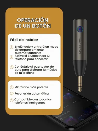 Vista 5 de MaedHawk Adaptador auxiliar Bluetooth de coche 0.209 in Receptor de audio inalámbrico para automóvil Micrófono mejorado integrado para llamadas