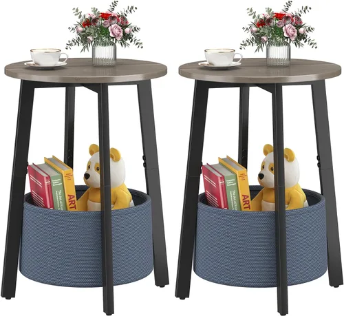 Vista 11 de sthmec Mesa auxiliar pequeña redonda con cesta de almacenamiento de tela, mesa de centro redonda con marco de metal para sofás de cama, mesas