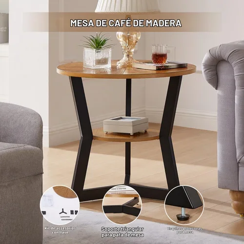 Vista 6 de Mesa auxiliar, mesa auxiliar redonda de madera para sala de estar con mesa de 2 niveles con estante de almacenamiento, diseño de soporte triangular